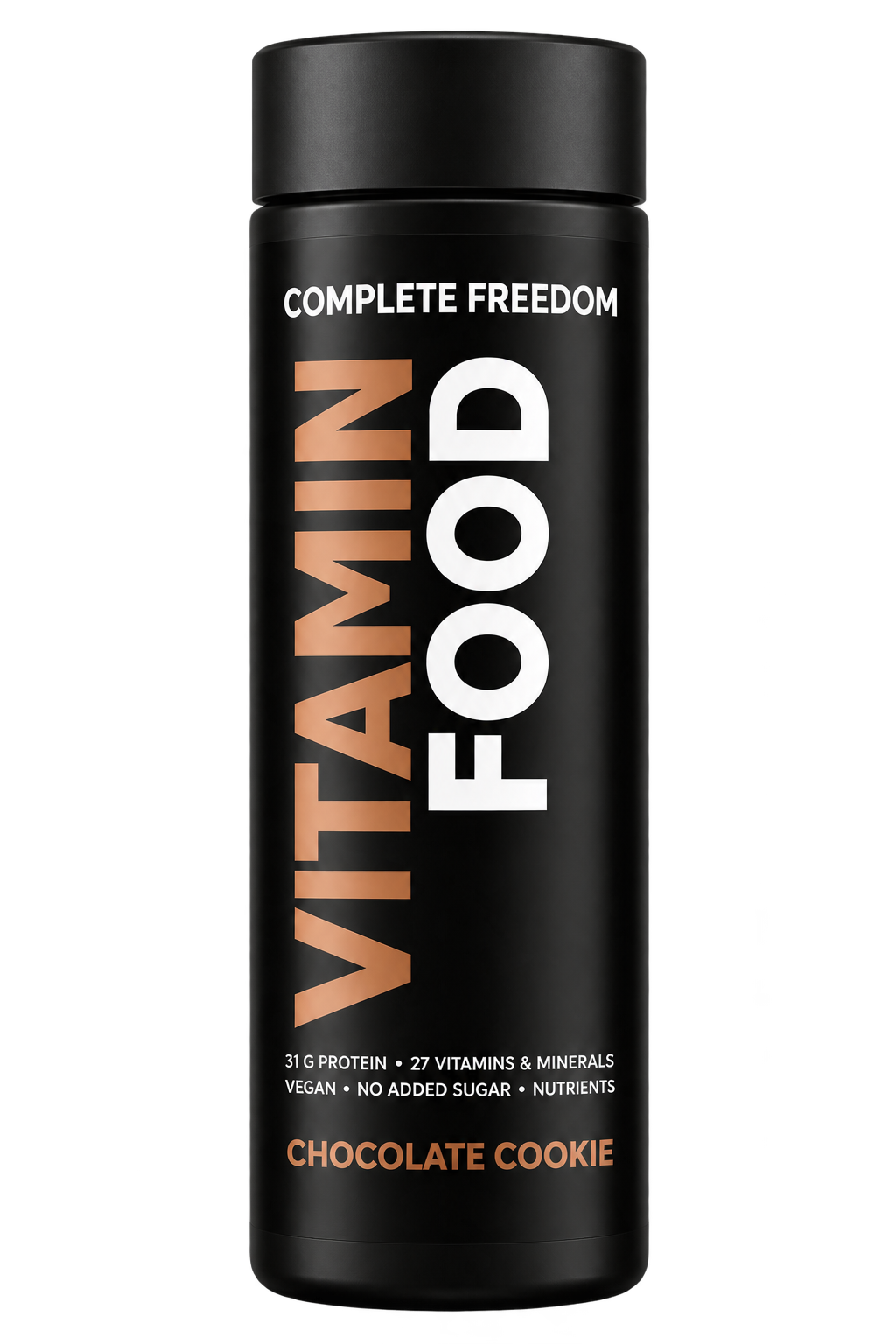 Vitaminfood Chocolate Cookie vegan ready-to-drink meal, front of bottle, 31 g protein