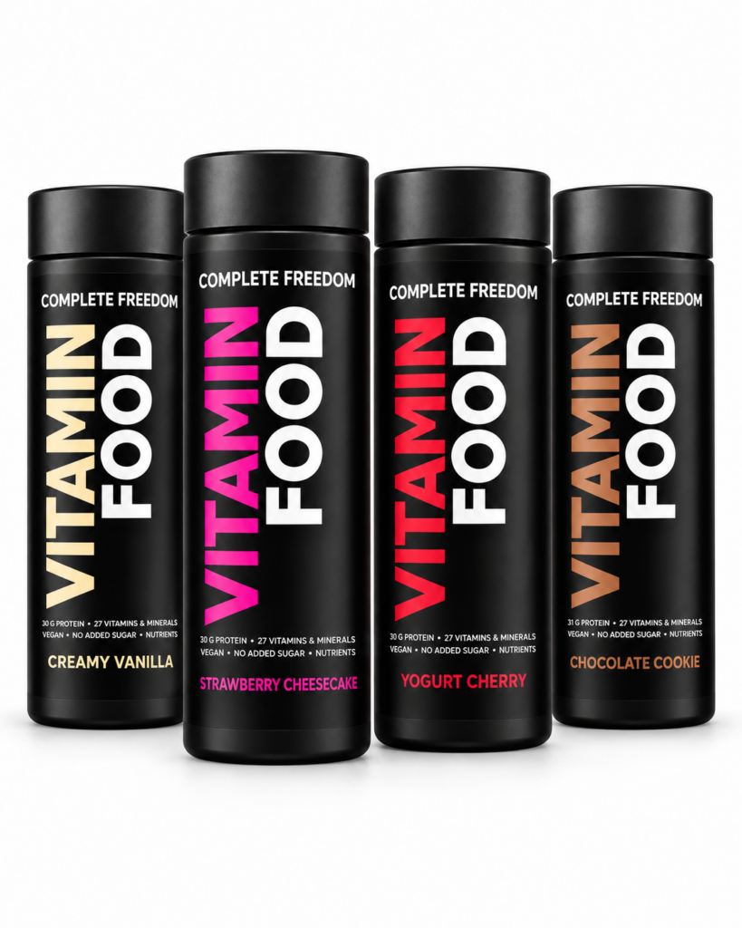 Vitaminfood Complete Drinks – Creamy Vanilla, Strawberry Cheesecake, Yogurt Cherry and Chocolate Cookie