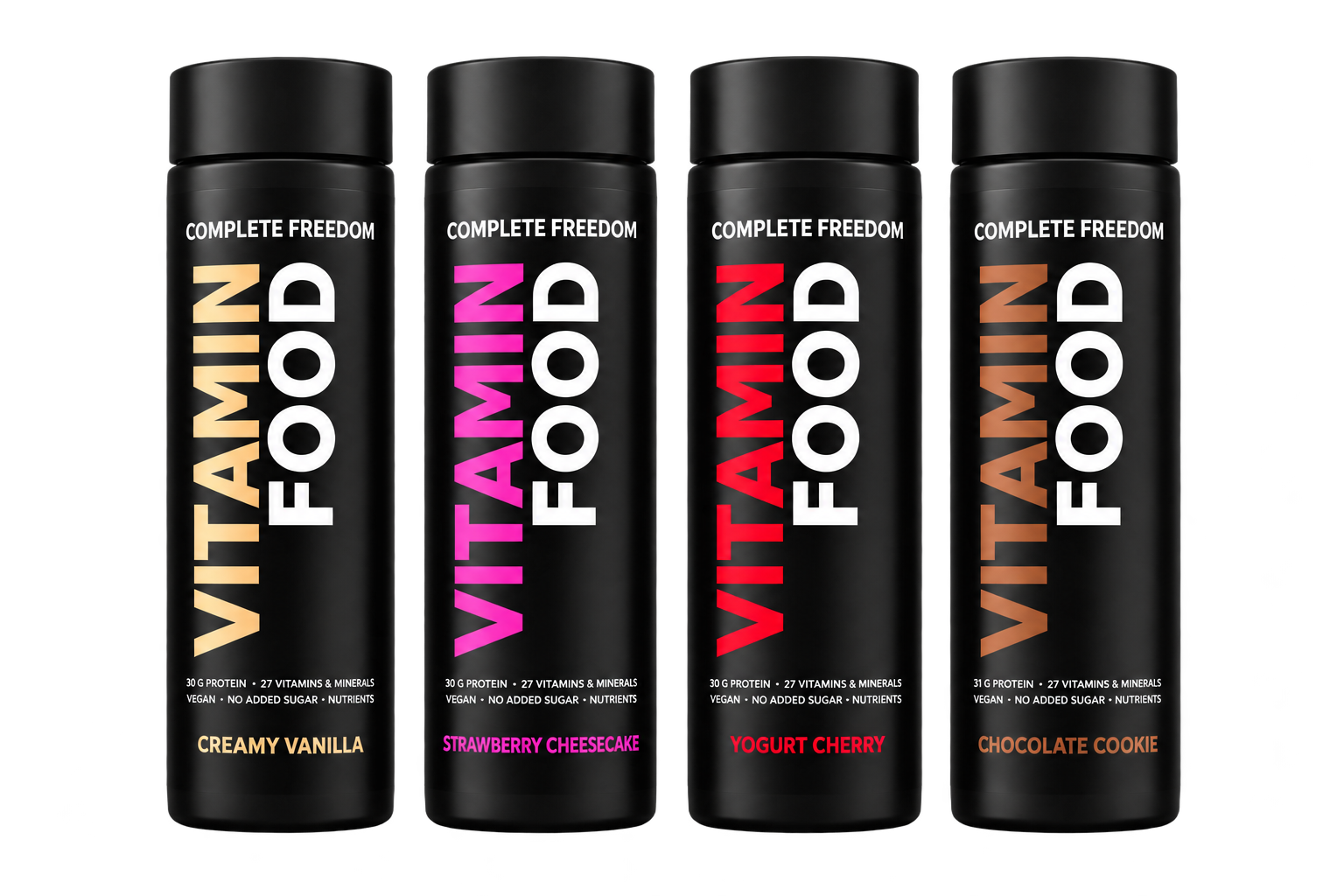 Four Vitaminfood Complete Freedom meal drinks: Creamy Vanilla, Strawberry Cheesecake, Yogurt Cherry and Chocolate Cookie
