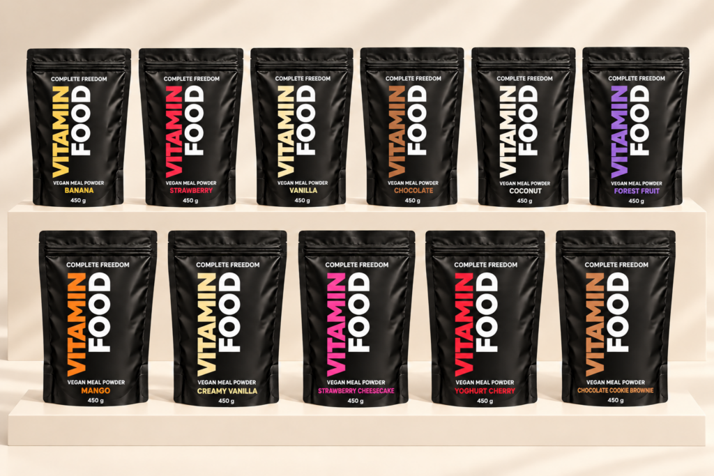 The eleven planned Vitaminfood vegan meal powder flavours in black 450 g pouches