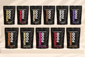 The eleven planned Vitaminfood vegan meal powder flavours in black 450 g pouches