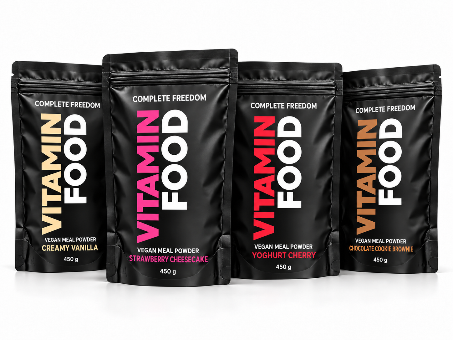 Vitaminfood vegan meal powders in four black resealable 450 g pouches