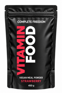 Vitaminfood Strawberry vegan meal powder in a black resealable 450 g pouch